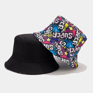 Detail of reversible bucket hat with colorful graffiti letters and solid black cotton fabric