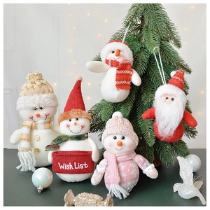 Detail of five festive Christmas plush dolls featuring snowmen and Santa with a Wish List bag