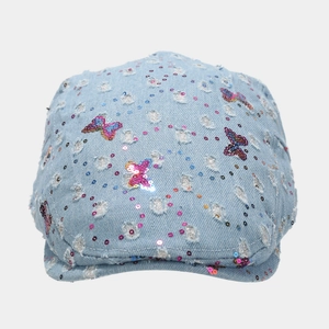 Y2K denim newsboy cap with glitter butterfly sequins and vintage distressed details