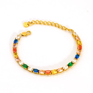 Bracciale tennis arcobaleno in acciaio dorato con zirconi ovali di diversi colori vivaci