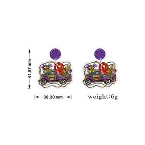 Detailed size view of Mardi Gras truck earrings with crawfish motif, 41.87mm by 38.30mm