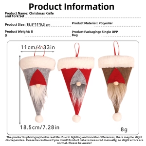 Detail view of 18.5x11cm polyester Christmas gnome cutlery holders in grey, red, and brown