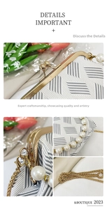 Macro view of geometric pattern fabric, gold frame, pearl handle, and metal chain details