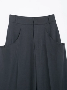 Detail view of high-waisted dark grey wide leg trousers featuring side pockets and tailoring
