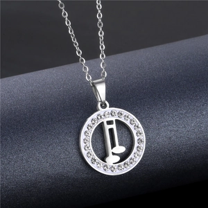 Polished stainless steel music note pendant necklace with sparkling crystal halo inlay