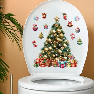 Detail of Christmas tree toilet seat sticker with gift boxes and golden ball ornaments