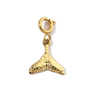 Detailed view of a golden stainless steel mermaid tail pendant with spring ring clasp