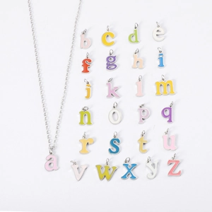 Colorful enamel lowercase A-Z letter pendants on silver stainless steel chain necklace