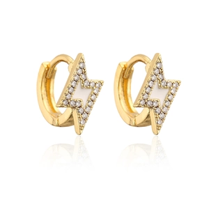 Macro shot of 18K gold plated lightning bolt hoop earrings with white enamel and zircons