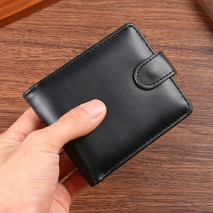Classic black PU leather men's short wallet with snap button closure and large capacity