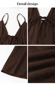 Detail design of a deep brown V-neck slip dress showing neckline ties and textured fabric