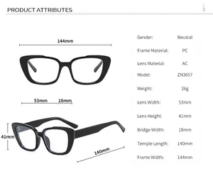 Detailed size chart for cat eye glasses frame showing 144mm width and PC material specs