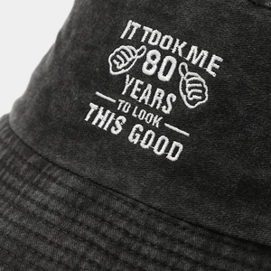 Washed black cotton bucket hat with white 80th birthday embroidery for men and women
