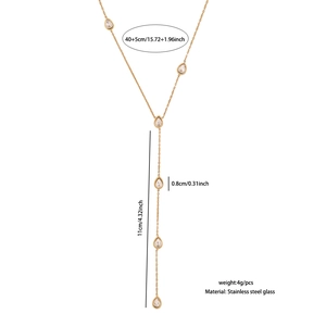 Detailed size chart for gold Y-necklace with teardrop glass charms in stainless steel