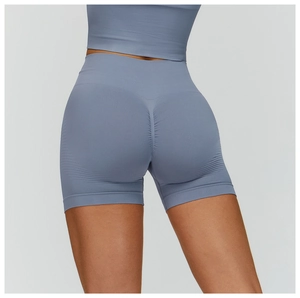 Vue arrière du short de yoga sans couture taille haute avec effet push-up en bleu