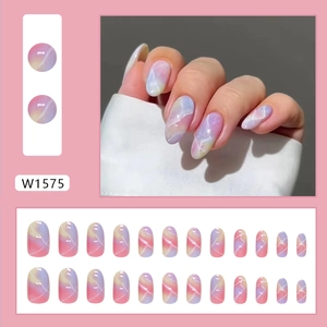 24pcs pink and purple marble gradient oval press-on nails with shimmering pearly finish