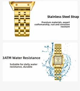 Detail of vintage square gold watch with steel strap and 3ATM water resistance feature