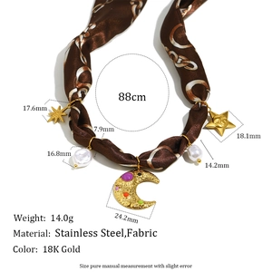 Retro Satin Scarf Necklace Stainless Steel 18K Gold Plated Moon Star Pendants Faux Artificial Pearl Lightweight Fashion Jewelry For Women