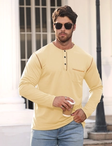 Casual yellow long-sleeve Henley shirt with chest pocket and contrast stitching detail