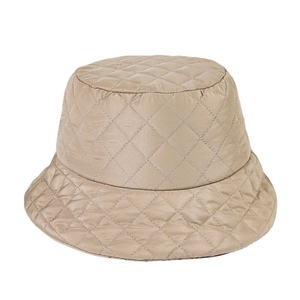 Beige quilted bucket hat for women featuring diamond patterns and windproof warm fabric