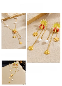 Detail of ladybug and flower jewelry set with pearls and tassel earring accents