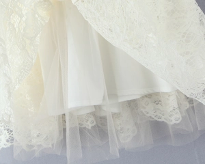 Detail of white lace dress showing intricate crochet patterns with layered tulle mesh