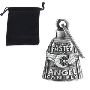 Retro guardian bell with Never Ride Faster engraving and black velvet storage pouch