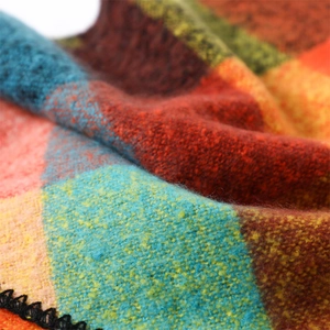 Macro shot of colorful checkered faux cashmere scarf fabric with soft wool-like texture