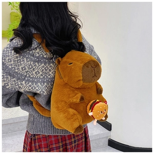 Detailed back view of a plush Capybara backpack featuring a cute mini hamburger charm