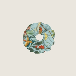 Light blue silk twill scrunchie featuring vintage floral and bird patterns for women