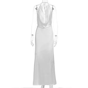 Detail of white satin maxi dress featuring deep V-neck and open back tie design