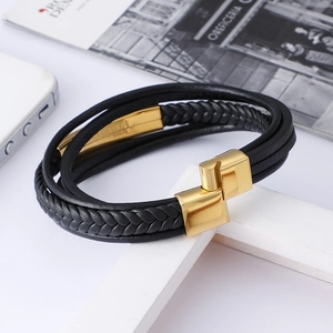 Multi-layer braided black leather bracelet for men with golden stainless steel magnetic clasp