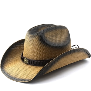 Chapeau De Cowboy En Paille Western Vintage À Bord Large Tissé En Papier Avec Bande En Cuir Et Badge Tête De Taureau