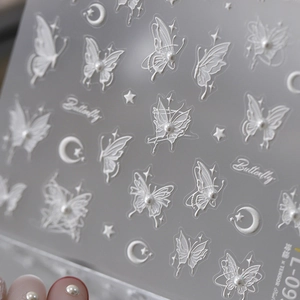 5D embossed butterfly nail art stickers with 3D white butterflies and pearl accents