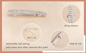 Detail of silver hair clip with shiny zircons and detachable leaf spring mechanism