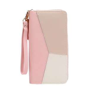 Women's long zipper wallet in pink and cream patchwork faux leather with wrist strap