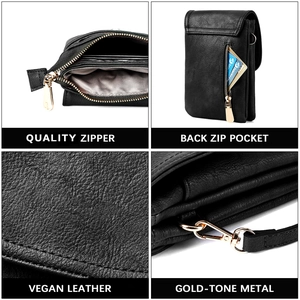 Detailed views of black vegan leather phone bag featuring gold-tone metal hardware and zippers