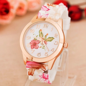 Classic pink floral quartz watch with rose gold case and printed silicone strap