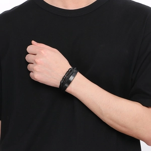 Men's multilayer black braided leather bracelet with beads and matte metal bar plate
