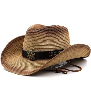 Western Cowboy Hat Gradient Paper Straw Wide Brim Vintage Sun Protection Beach Travel With Leather Band Metal Buckle