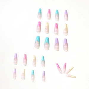 Rainbow cloud French press-on nails in pastel pink, purple, and blue long coffin shape