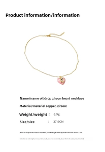 Detailed view of pink drip oil heart pendant with zircon and necklace measurements