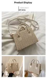 Detailed cream hand-woven small square crossbody bag with v-shaped texture and strap