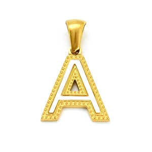 Golden letter A necklace pendant in stainless steel with grainy textured finish on white background