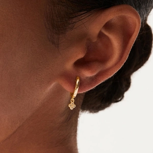 Close-up of golden hoop earrings with a clover pendant featuring sparkling zircons on ear