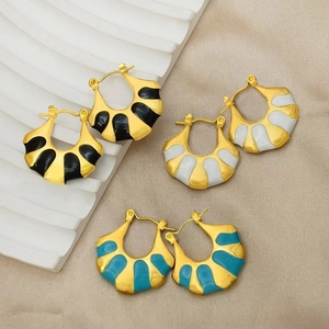 Elegant gold-plated stainless steel fan earrings with colorful enamel on silk background