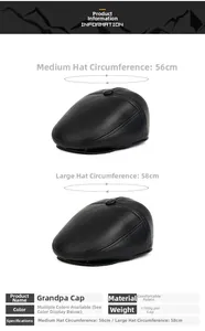 Size chart for men PU leather flat cap showing 56cm and 58cm head circumference specs