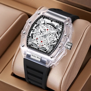 Luxury men's tonneau-shaped watch with transparent case and hollow dial on cushion