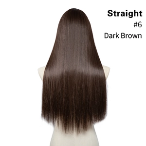 Detailed back view of long straight dark brown synthetic hair extension on a mannequin