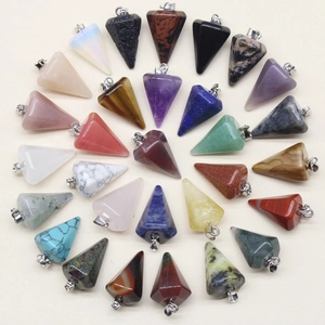 Radial display of colorful hexagonal crystal pendants with silver metal clasps